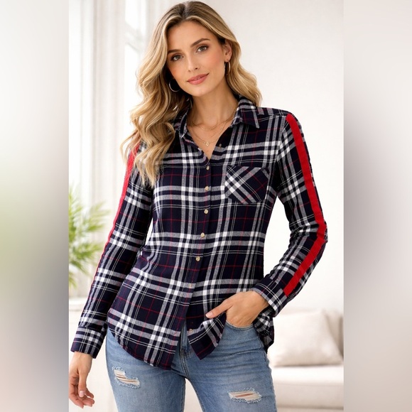 Polly & Esther Tops - Polly & Esther Plaid Button-Down Shirt Navy Red White Flannel Top Stripe Sleeve